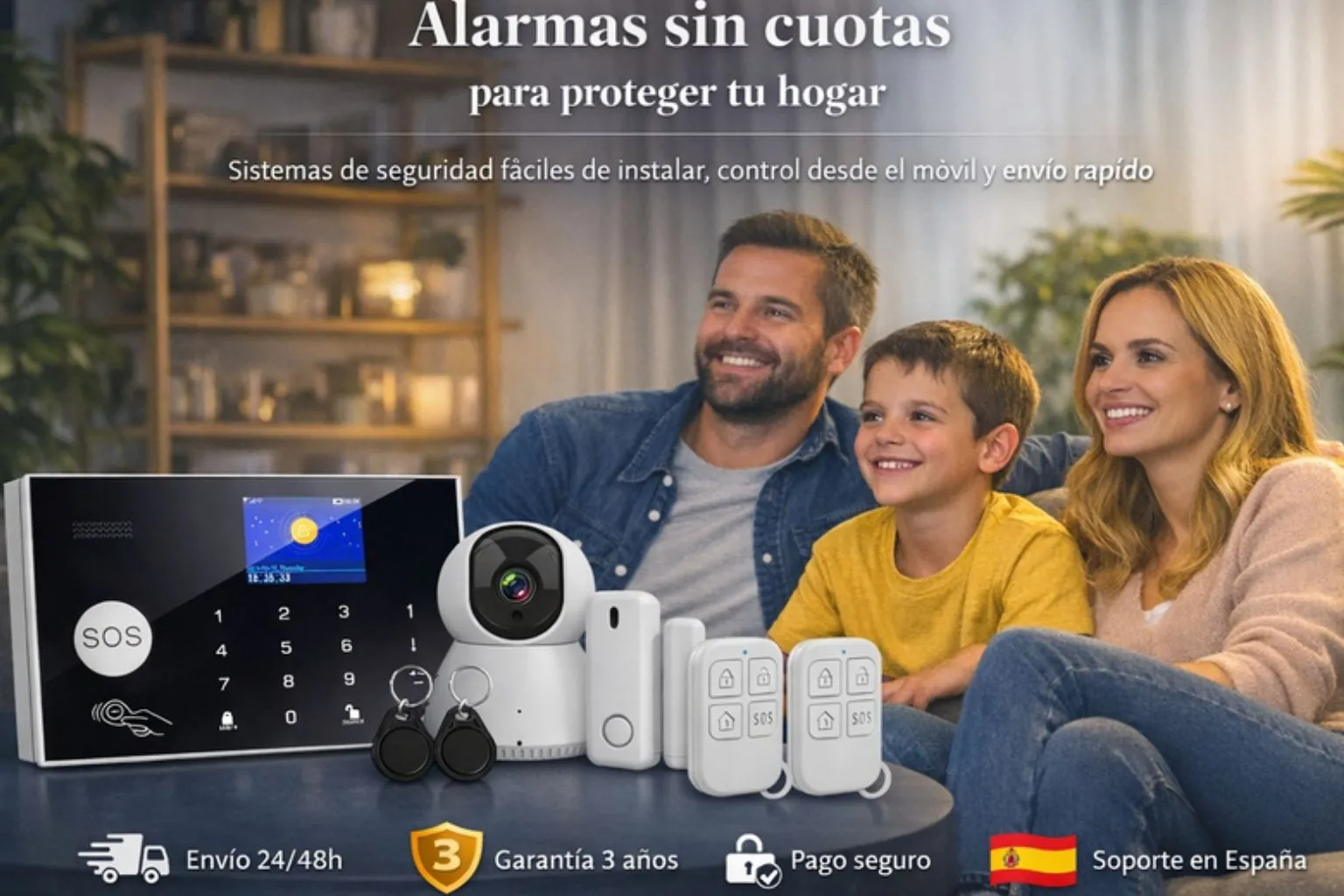 Familia protegida en casa con alarma sin cuotas