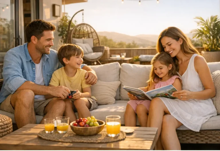 Familia tranquila en casa protegida con alarma sin cuotas y sistema de seguridad para el hogar